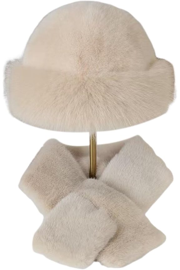 Winter Fuzzy Hat and Scarf Set for Women, Faux Fur Collar Wrap Scarf Plush Warm Beanies Cap for Cold Weather