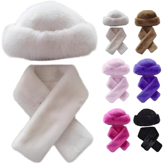 Winter Fuzzy Hat and Scarf Set for Women, Faux Fur Collar Wrap Scarf Plush Warm Beanies Cap for Cold Weather