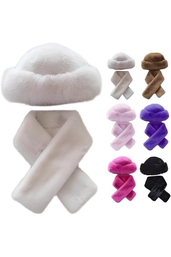 Winter Fuzzy Hat and Scarf Set for Women, Faux Fur Collar Wrap Scarf Plush Warm Beanies Cap for Cold Weather