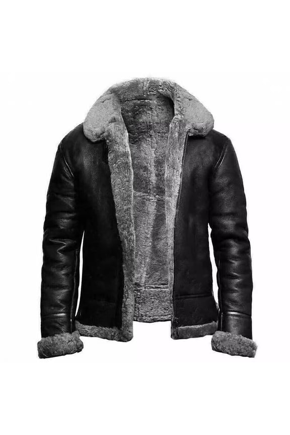 Winter Fuzzy Leather Coat for Men Fleece Faux Fur Collar Motorcycle Jacket Classic Warm Thicken Bomber Overcoat