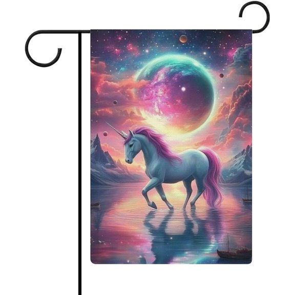 Winter Galaxy Unicorn Double Sided Burlap Garden Flag, 12 x 18 Inch Outdoor Yard Decoration