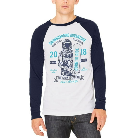 Winter Game Snowboarding Adventure Born to Ride Mens Long Sleeve Raglan T Shirt White-Navy MD