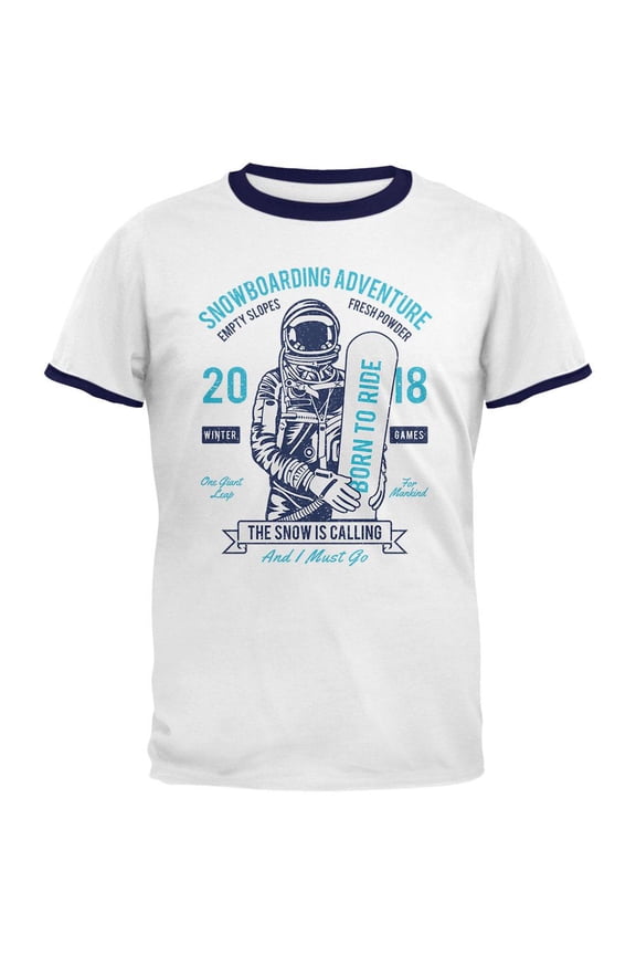 Winter Games Snowboarding Adventure Born to Ride Mens Ringer T Shirt White-Navy LG