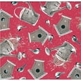 thumbnail image 1 of Winter Garden Birdhouses and Watering Cans Red 100% Cotton Fabric Sold by the Yard, 1 of 1