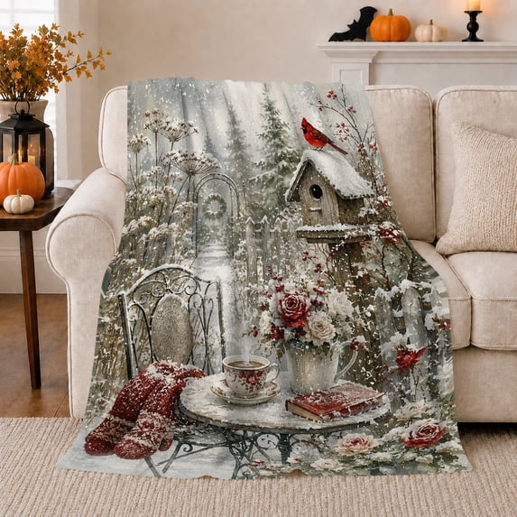 Winter Garden Cardinal Scene in Painterly Rustic Style for Garden Lovers, Tea Rose Birdhouse Scene, Cozy Flannel Blanket for Bedroom and Sunroom, Christmas Gift, Garden Home Decor