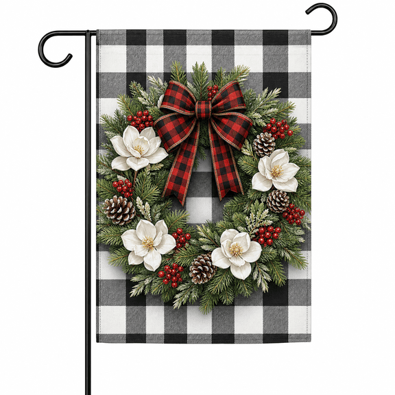 Winter Garden Flag Buffalo Plaid Wreath for Outside Yard Christmas Entryway