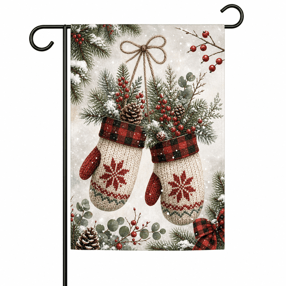 Winter Garden Flag Cozy Mitten Greenery Outdoor Hanging for Front Yard Holiday Porch