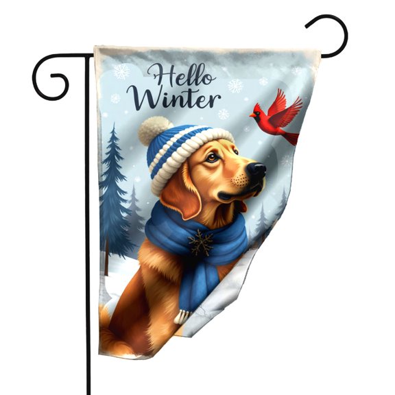 Winter Garden Flag with Golden Retriever and Red Bird Double Sided Polyester Outdoor Decorative Flag for Cabin Porch Yard 12.5x18 Inch Hello Winter Snowy Forest Scene#22701