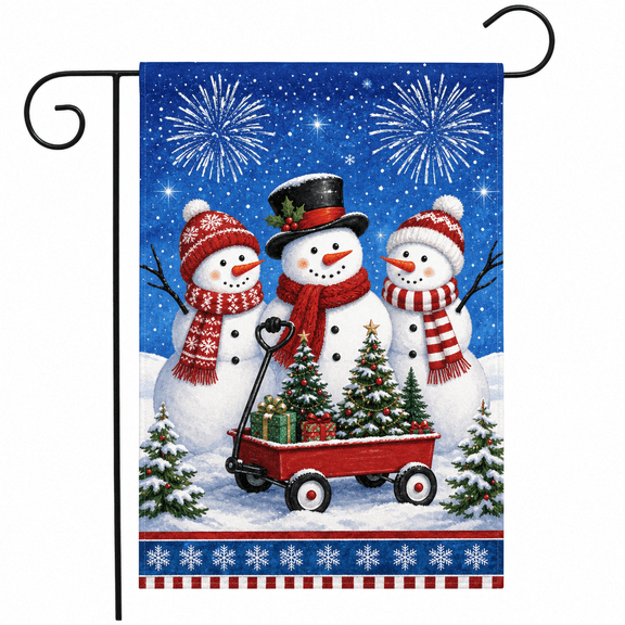 Winter Garden Flag Snowman and Christmas Tree Wagon for Outdoor Yard Decor