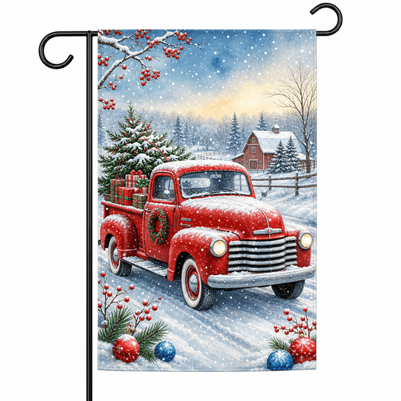 Winter Garden Flag Snowy Red Truck Outdoor Yard Display for Christmas Farmhouse Decor