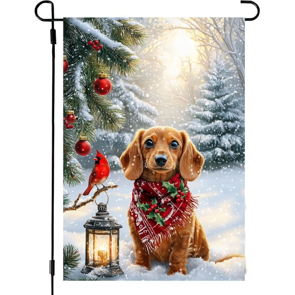 Winter Garden Flags 12x18 Double Sided, Burlap Holiday Farmhouse Dachshund Wiener Dog Garden Flag Winter Xmas Decorations for Outside Home, Small Christmas Outdoor Flags for Yard Garden Decor