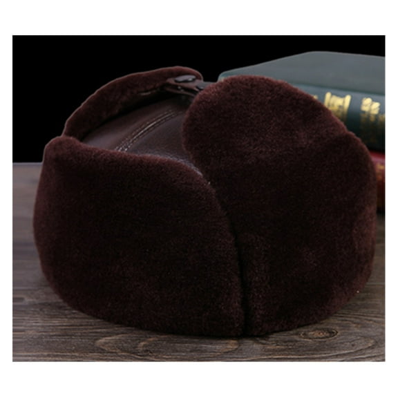 Winter Genuine Leather Black Bomber Hat Male Fleece Faxu Fu-r Inside Head Warm Caps Motocycle Chapeau Hat ,Classic Design
