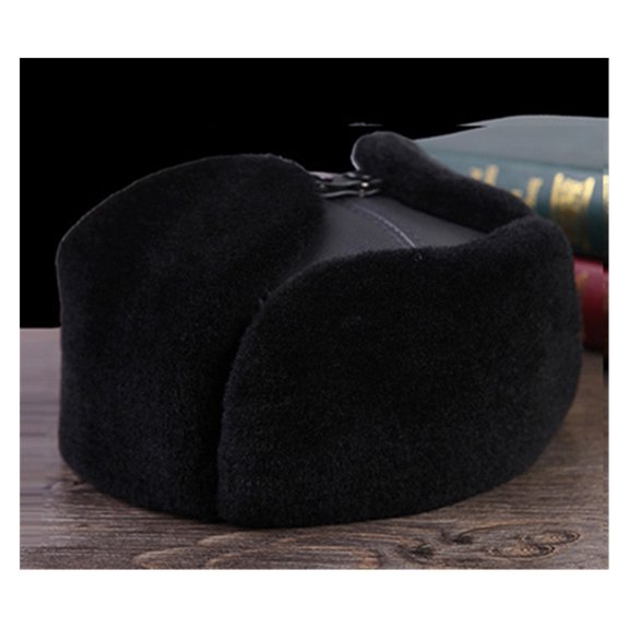 Winter Genuine Leather Black Bomber Hat Male Fleece Faxu Fu-r Inside Head Warm Caps Motocycle Chapeau Hat ,Fashion