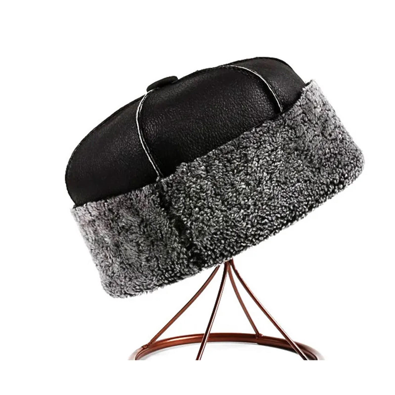 Winter Genuine Leather Hat Fur Integration Sheepskin Bomber Cap For Elderly Velvet Thermal Watermelon Bonnet Landlord Hat ,Unisex