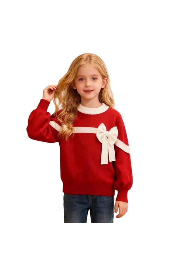 Winter Girls Bow Knit Sweater Soft Warm Cozy Pullover Top For Toddler And Big Kids Fashion Outerwear Casual Blouse Tween Kids Summer Soft Comfy Cute Teen Basic Tees