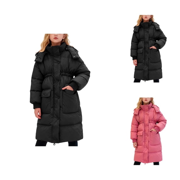 Winter Girls Long Puffer Coat, Insulated Knee-Length Hooded Jacket with Deep Pockets, Warm Thickened Down-Alternative Outerwear for & Kids