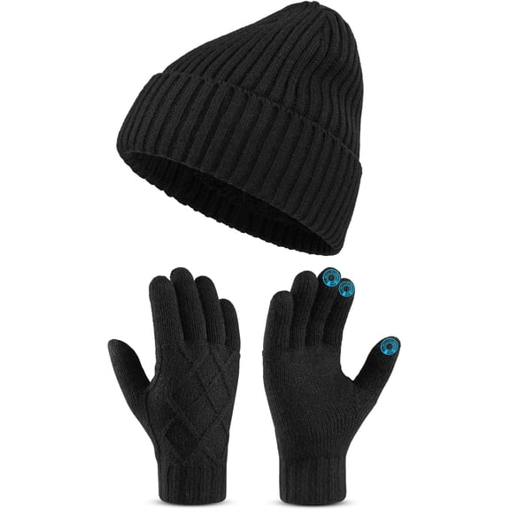 Winter Gloves Beanie Hat Set Knit Fleece Lined Touch Screen Gloves Soft Skull Cap Set for Men and Women