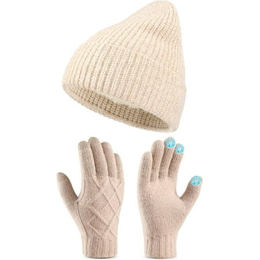 Winter Gloves Beanie Hat Set Knit Fleece Lined Touch Screen Gloves Soft Skull Cap Set for Men and Women