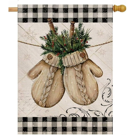 Winter Gloves Home Decorative House Flag Buffalo Plaid Check Farmhouse Garden Yard Outdoor Large Burlap Flag Sign Christmas Outside Decoration Xmas Seasonal Decor Double Sided Black White 28x40