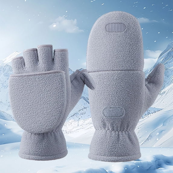 Winter Gloves Solid Color Convertible Flip Top Mittens Windproof Polar Snow Mittens Grey S