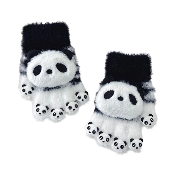Winter Gloves for Women Cute Cartoon Color Block Plush Gloves for Cold Weather White Free Size
