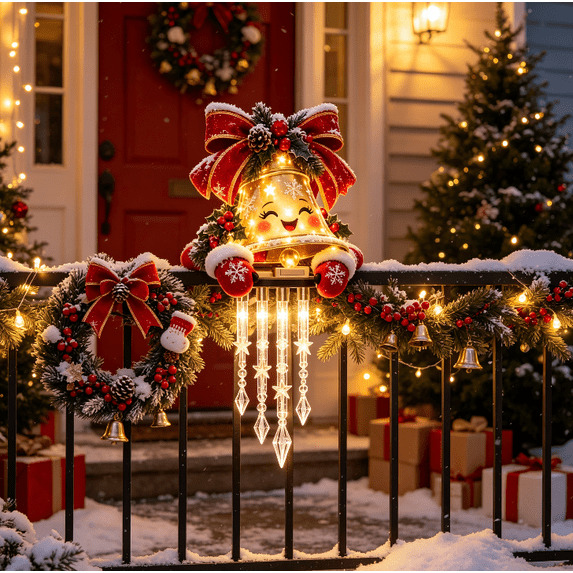 Winter Glow Christmas Bell Icicle Light Decor, Christmas Snowman Porch Decoration with Glowing Icicle Lights, Festive Outdoor Winter Accent for Entrance, Railing and Home,Christmas Decorations