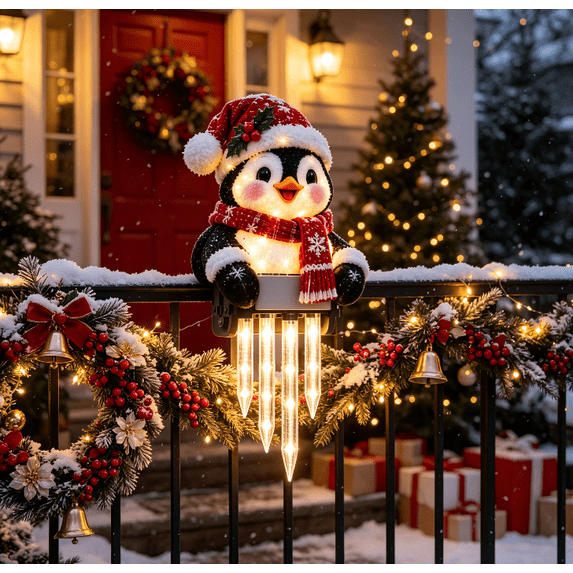 Winter Glow Christmas Penguin Icicle Light Decor, Christmas Snowman Porch Decoration with Glowing Icicle Lights, Festive Outdoor Winter Accent for Entrance, Railing and Home,Christmas Decorations