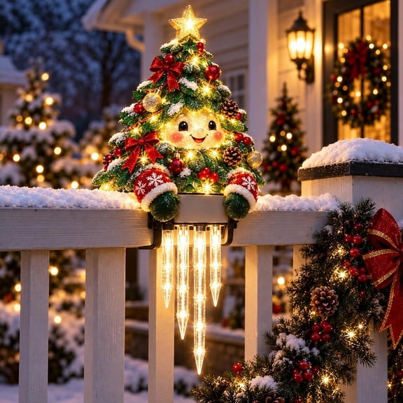 Winter Glow Christmas Tree Icicle Light Decor, Christmas Character Railing Light, Warm LED Holiday Decor with Clamp Base, Porch Railing Decor for Deck Balcony Fence & Christmas Home Display