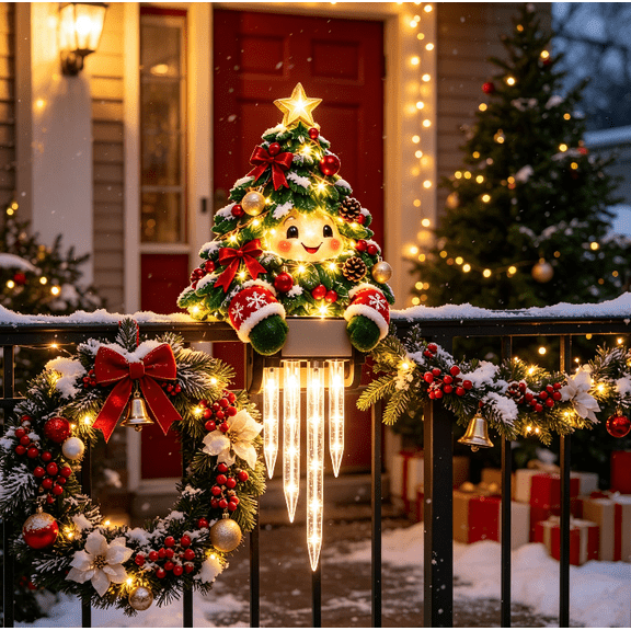 Winter Glow Christmas Tree Icicle Light Decor, Christmas Character Railing Lights, Christmas Outdoor Decorations, Xmas Lights, Hanging LED Holiday Lights for Porch, Entryway