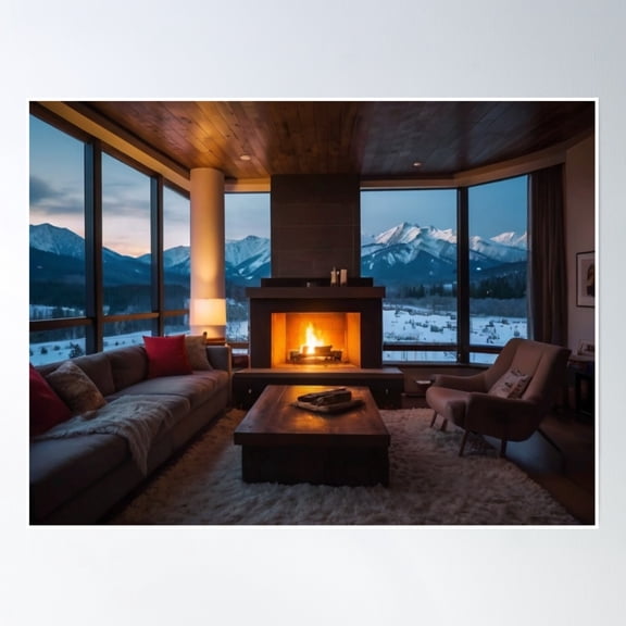 Winter Glow: Living Room With Mountain Dreams Poster Wall Art, Modern Wall Decor, 12x18 UNFRAMED