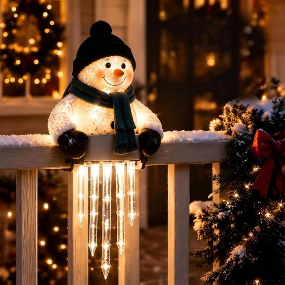 Winter Glow Snowman Icicle Light Decor, Christmas Character Railing Light, Warm LED Holiday Decor with Clamp Base, Porch Railing Decor for Deck Balcony Fence & Christmas Home Display