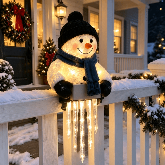 Winter Glow Snowman Icicle Light Decor, Hanging Christmas Icicle Light, Whimsical Holiday Accent for Fence Porch Yard Decor