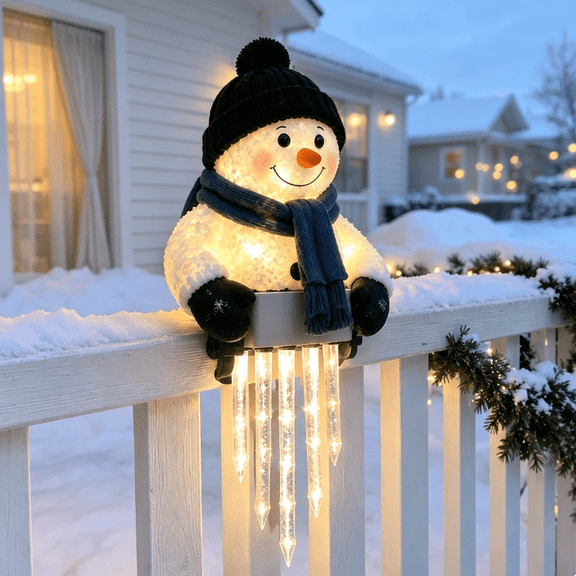 Winter Glow Snowman Icicle Light Decor, Unique Christmas Holiday Gift, Decorative Outdoor Light for Porch Fence Decoration, Glowing Snowman Drop Icicle Snow Falling Raindrop Lights for Xmas Decor