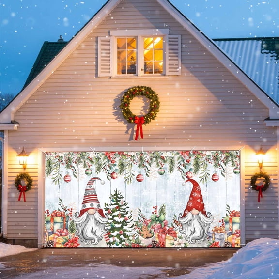 Winter Gnome Garage Door Banner Covers, Christmas Tree Leaves Flower Snowflake Ball Light Blue Wood Grain Large Hanging Indoor/Outdoor Backdrop Background for Christmas Winter Party Decor, 6x13 FT