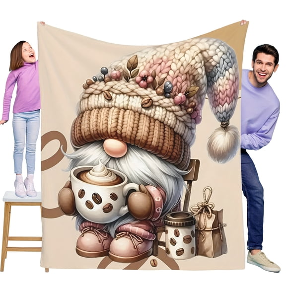 Winter Gnome And Hot Coffee Cute Fun Print Flannel Blanket Soft Warm Cozy Skin-friendly Blanket For Sofa Bed Car Camping Office Home Decor Gift Blanket For All Seasons-Knit Fabric