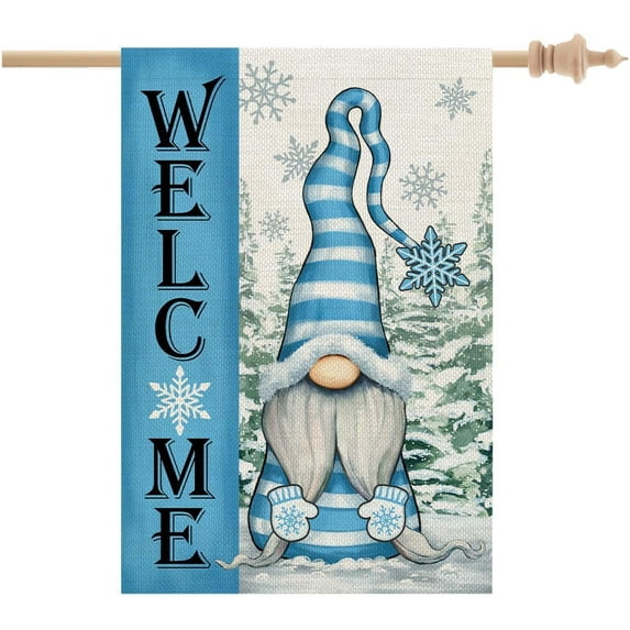 Winter Gnome House Flag 28x40 Inch Double Sided for Outside Welcome Burlap Stripes Blue Large Yard Flag CF615-40
