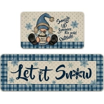 Winter Gnome Let It Snow Kitchen Rugs Set of 2, Blue Plaid Polka Dot Snowflake Farmhouse Kitchen Mats Decor, Christmas Holiday Seasonal Floor Door Mat Home Decorations -17x30 and 17x47 Inch