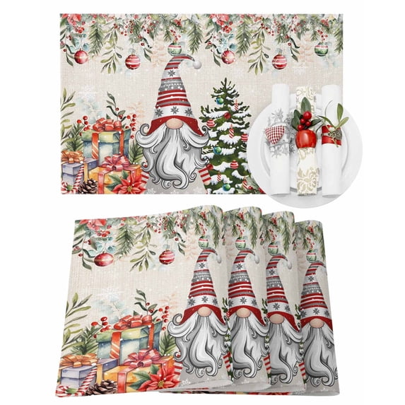 Winter Gnome Placemats Set of 4 Christmas Tree Leaves Flower Snowflake Ball Retro Linen Heat Insulation Washable Place Mats, Rustic Non-Slip Table Mats for Dining Table Party Kitchen Decor,13x19 Inch