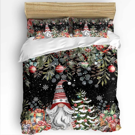Winter Gnome Queen Size Comforter Set, Christmas Tree Leaf Flower Snowflake Ball Black Bedding for All Seasons, 4 Pcs Bed Set with 1Comforter (90"x92") ,1 Sheet(94"x116"), 2 Pillowcases (19"x29")