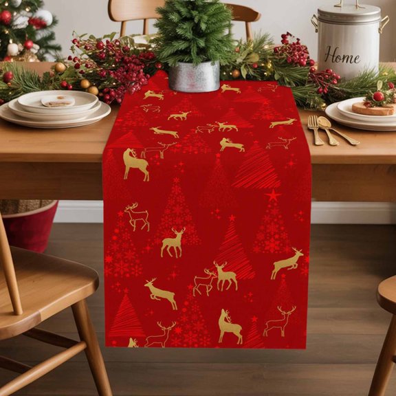Winter Gold Reindeer Pine Trees on Red Table Runner 13x90in Non-Slip Cotton Linen Table Runners, Christmas Tree Dresser Scarves TableRunner for Dinner Kitchen Dining Wedding Party