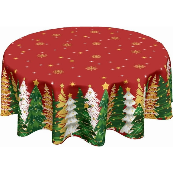 Winter Gold Snowflake Table Cloth Round Xmas Trees Red Tablecloth 60 Inch Decor Washable Stain and Wrinkle Resistant Round Table Cover for Dining Picnic
