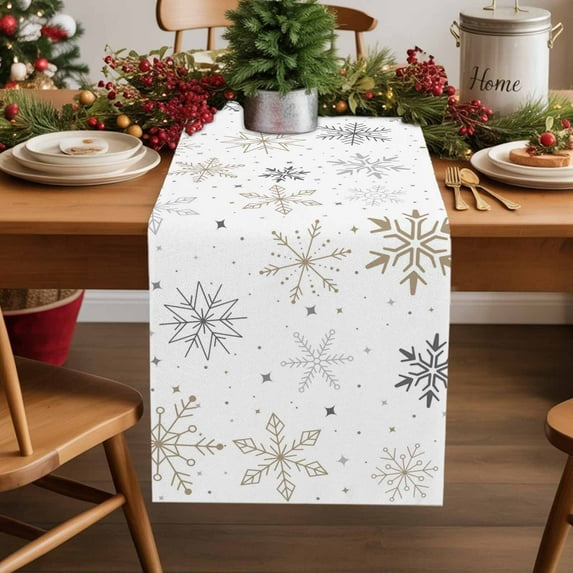Winter Gold Snowflakes Table Runner 13x36in Non-Slip Cotton Linen Table Runners, Christmas Snowy Season Dresser Scarves TableRunner for Dinner Kitchen Dining Wedding Party
