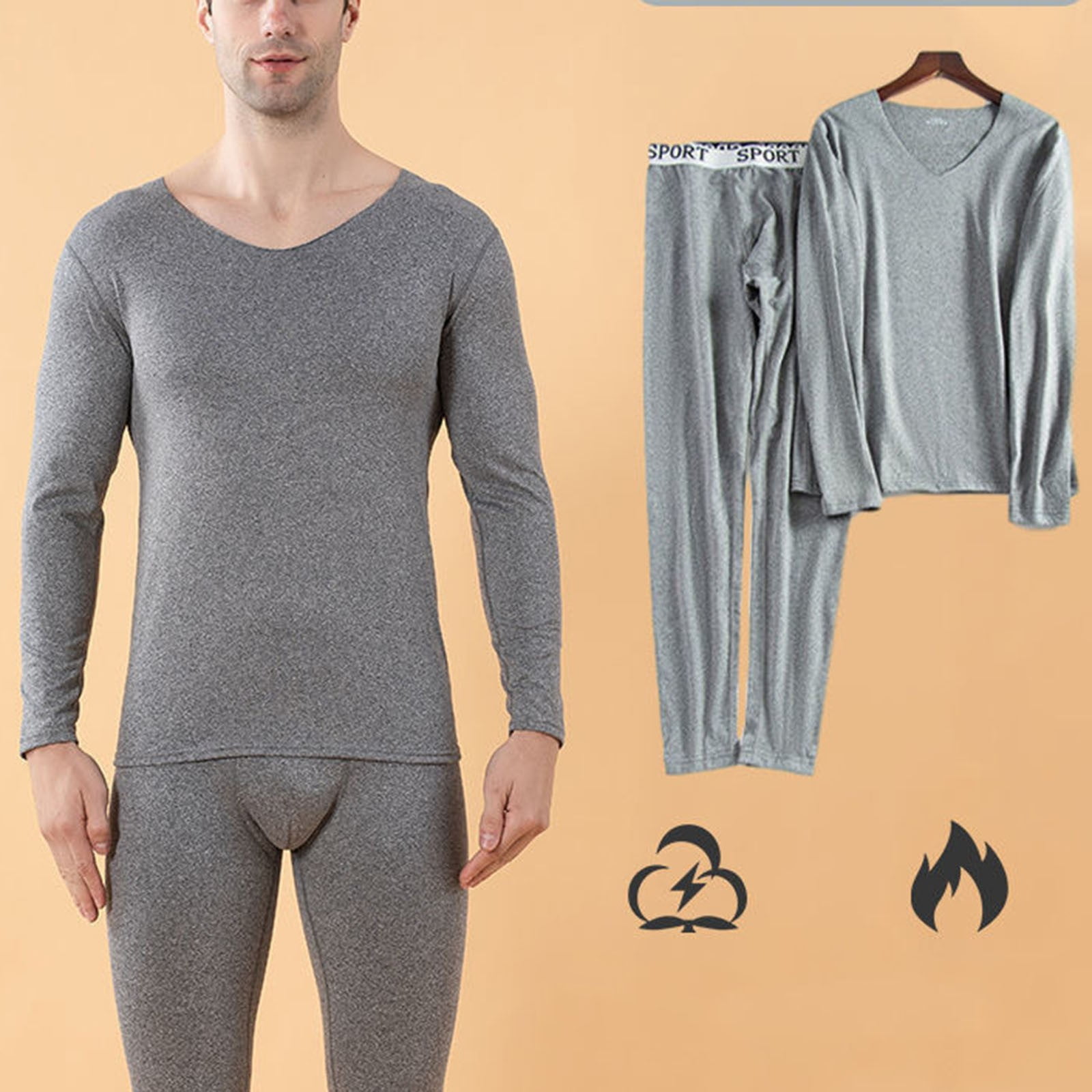 Winter Gray Mens Outfits 2 Piece Dress Constant Temperature Seamless Autumn  Thermal Underwear Set Clothes Trousers Polyester