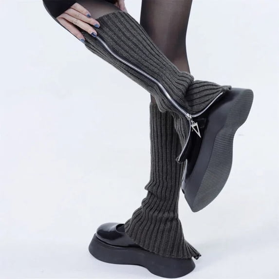 Winter Gray Womens Leg Warmers Gothic Punk Ribbed Knitted Side Zipper Up Solid Color Boot Socks Knee High Foot Cover Sock