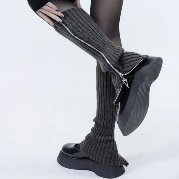 Winter Gray Womens Leg Warmers Gothic Punk Ribbed Knitted Side Zipper Up Solid Color Boot Socks Student Knee High Foot Cover Sock