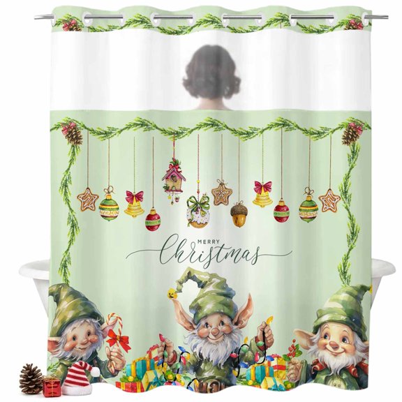 Winter Green Elf No Hook Shower Curtain with See Through Top Window,Christmas Bell Star Pinecone Ball Ornament Waterproof Shower Curtains for Home Hotel Bathroom Decor,72x72in
