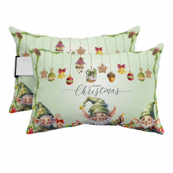 Winter Green Elf Outdoor Pillow for Chaise Lounge Chair,Christmas Bell Star Pinecone Ball Ornament Waterproof Headrest Lumbar Pillows with Insert&Elastic Strap for Patio Pool Garden Chairs,2 Pack