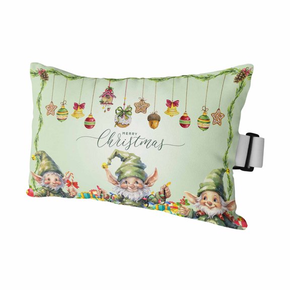 Winter Green Elf Outdoor Pillow for Chaise Lounge Chair,Christmas Bell Star Pinecone Ball Ornament Waterproof Headrest Lumbar Pillows with Insert&Elastic Strap for Patio Pool Garden,1 Pack