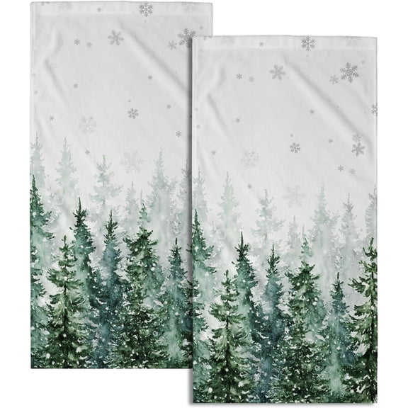 Winter Green Forest Hand Towels for Bathroom Christmas Kitchen Towels Set of 2 Green Xmas Tree Snowflake Dish Towels 14x28in Winter Christmas Decoration Hand Towels for Home Farmhouse Hotel Spa Gym