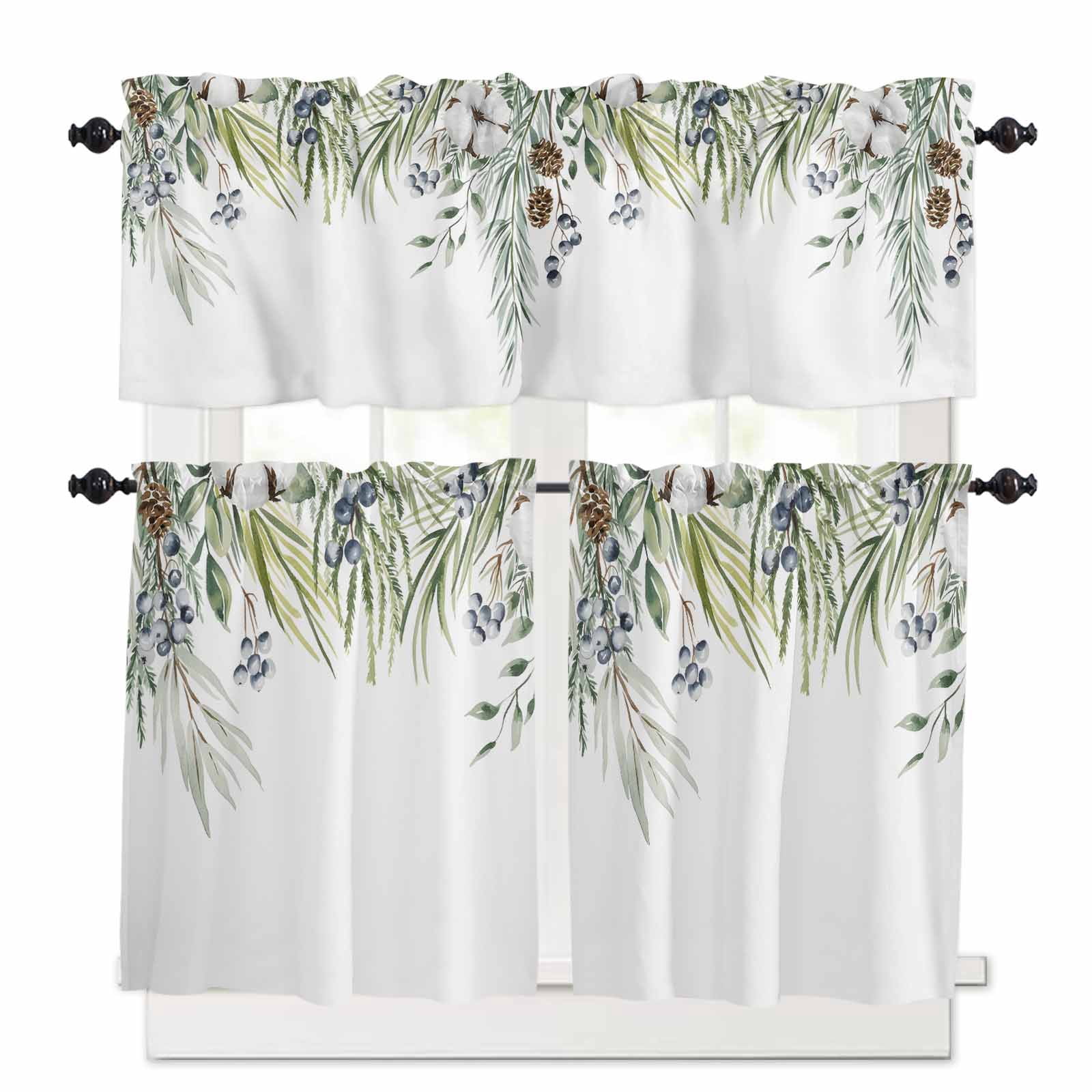 Winter Green Leaf Kitchen Curtains and Valances Set, Christmas Fruit